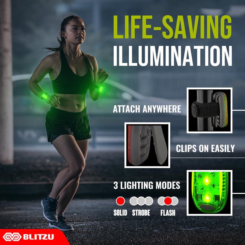 BLITZU 4 عبوات من ضوء الأمان LED، أضواء عاكسة قابلة للتثبيت للمشي في الليل، الجري، الركض، ملحقات ضوء فلاش عالي الوضوح للعدائين، الأطفال، التنزه، الكاياك، ركوب الدراجات، التخييم، القوارب باللون الأخضر - Image 2